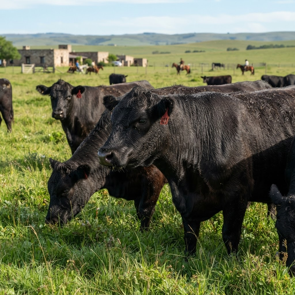 Ganado Angus alimentado con pasto en campo argentino