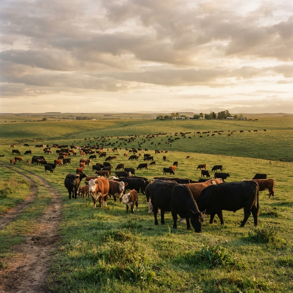 Ganado pastando en la Pampa argentina al atardecer